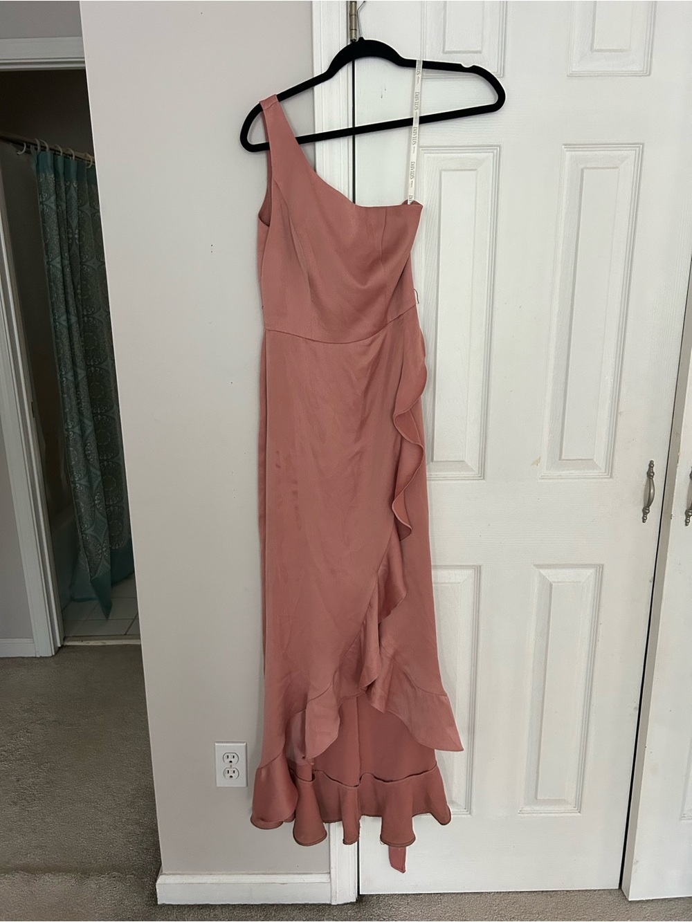 David's Bridal One-Shoulder Ruffle Maxi Dress in Dusty Rose